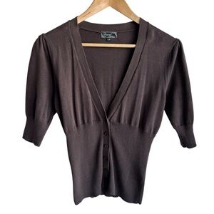 Y2K Fitted Cardigan Top Sz M Chocolate Brown Puff Sleeve Sweater Deep V 2000s